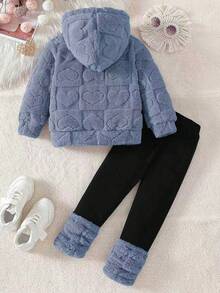 Setelan Baju Hoodie Plush untuk Anak Perempuan dan Legging Polos Kasual, Pakaian Sehari-hari yang Nyaman untuk Musim Dingin - Baby Blue - View 2
