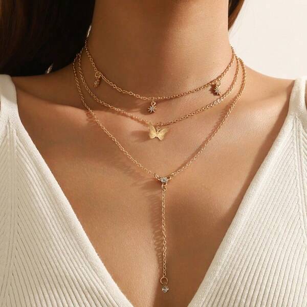 1 pièce Collier ras-de-cou créatif et avec pendentif papillon octagramme multicouche, chaîne polyvalente pour clavicule en forme de Y pour femmes