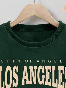 Tween Girl Letter Graphic Print Crew Neck Long Sleeve Top And Plaid Mini Skirt Set