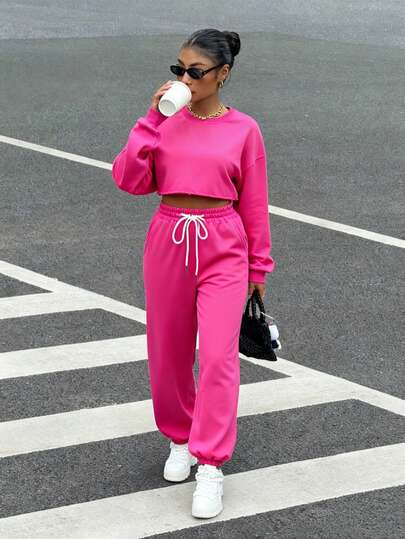 Women's Two-Piece Sportswear, 100% Cotton Sweatshirt With Pockets, Autumn And Winter Solid Color Loose Round Neck Cropped Top Sweatshirt And Cuffed Casual Trousers With Contrasting Drawstrings, Comfortable Soft And Breathable Long-Sleeved Top, Streetwear College Style Women's Clothing, Daily Outings, Home Casual Women's Clothing Rose Red Suit
