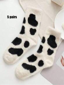 Niedliche Kuh gemusterte Plüsch Rundhals Socken, dick und warm Korallen Fleece Socken, Damen Seide Strümpfe und Socken, weich und bequem, geeignet für den täglichen Gebrauch, Weihnachten, Winterwärme Zuhause, Herbst- und Wintersocken, offene Socken, Herren mittellange enge Röhrensocken