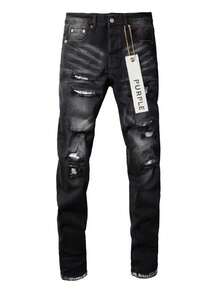 Men Plus Size Straight Leg Jeans Black Distressed Patchwork Stretch Skinny Fit Thanksgiving Day Christmas Fashion Autumn New Arrival  European American Brand