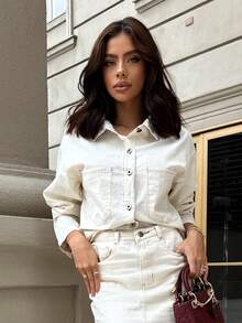 Women's Long Sleeve Oversized Dress Shirt Camisole Blouse - Cream - View 12