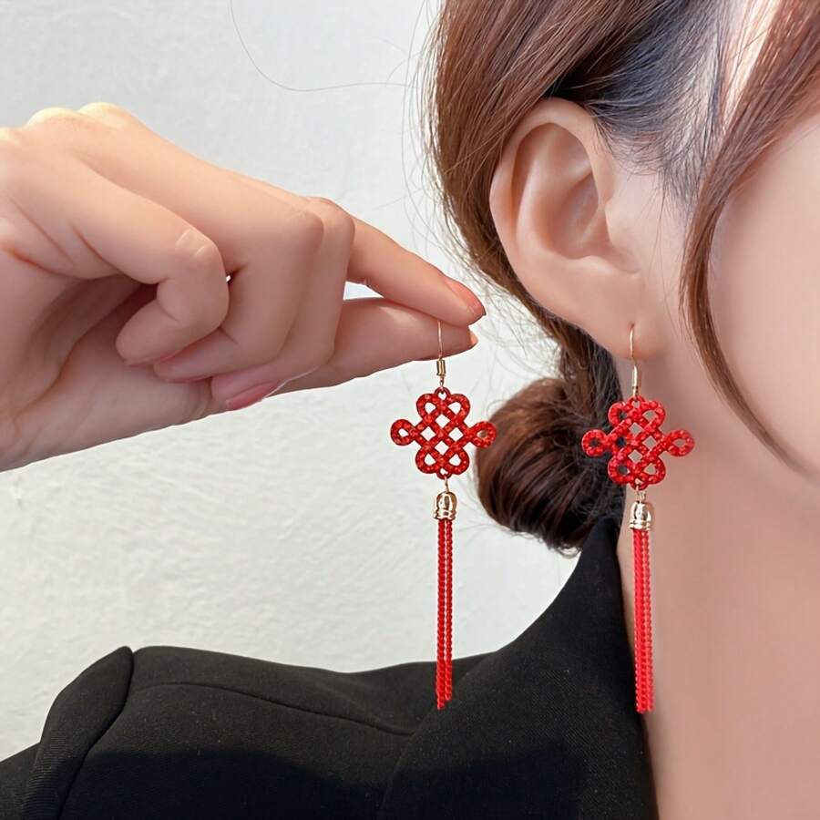 2026 Red Chinese Knot Tassel Drop Earrings Summer Beach Graduation Travel Vacation Camping Festive Oriental Statement Accessory - [紅色的] - 查看 1