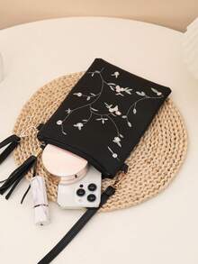 1 pezzo Set di borsa a tracolla e portafoglio da donna, nuova borsa a spalla da donna in pelle PU con decorazione ricamata a foglie e fiori, stile minimalista casual da college, pochette telefonica con nappine, leggera busta, portafoglio e borsa da donna, borsa a tracolla, regalo per lei, portafoglio mini, borsa rosa, regalo