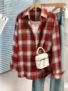 女式拉绒法兰绒衬衫夹克，复古格子纽扣上衣，带 Polo 领和口袋，舒适的办公室和休闲衬衫，适合秋冬春季 - 紅色格子 - 查看 3