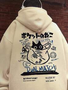 青少年男孩卡通黑猫图案，英文，日文，印花图案，休闲连帽卫衣，适合秋冬季节，旅行，派对和学校