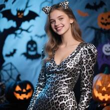 Silver Leopard Headband Glitter Cat Ears Hair Band Cute Leopard Print Hair Accessories For Women Girls Halloween Party Supplies