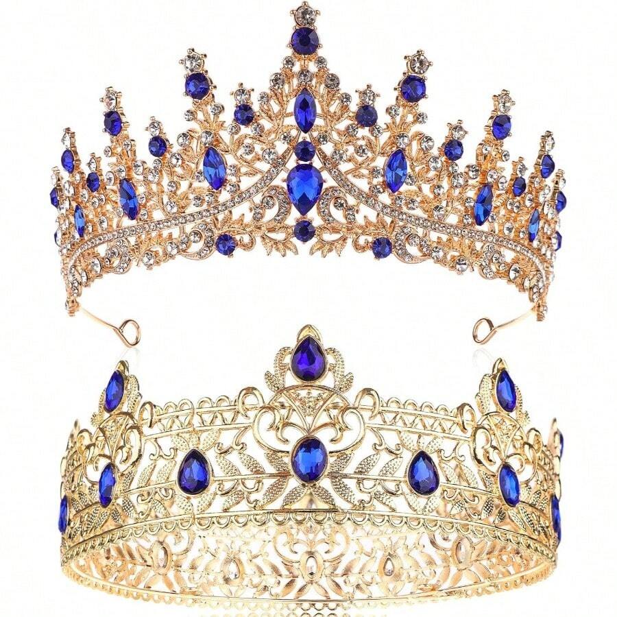 2 Pcs King And Crowns Set Men Royal Crown With Black Crowns Women Princess Crown Tiara Costume Headwear Wedding Homecoming Party Decorations