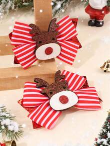 2 spinki do włosów w stylu świątecznym dla dziewczynek, lśniący brokat w czerwono-białe paski z motywem łosia, urocze i klasyczne dodatki do włosów na festiwal
