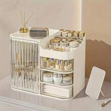 Large Cosmetic Storage Box With Three Drawers And A Mirror, Suitable For Dressing Table, Bedroom, Countertop.A Must-Have Home Storage Item - 白色 - 查看 5