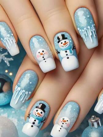 24 pièces de faux ongles rectangulaires de Noël avec motifs de bonhomme de neige et flocons de neige adhésifs. Ensemble complet d'ongles acryliques bleu clair artificiels pour femmes