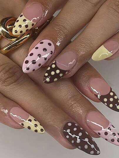 24ชิ้น สติกเกอร์ติดเล็บรูปทรงอัลมอนด์, สติกเกอร์ติดเล็บลายจุด, สติกเกอร์ติดเล็บปลายแหลมสีเหลือง-น้ำตาล, ดีไซน์รูปทรงอัลมอนด์, เหมาะสำหรับเล็บปลอมอะคริลิก, ประกอบด้วย: เจลลี่เจล 1ชิ้น และตะไบเล็บ 1ชิ้น, สติกเกอร์ติดเล็บวันวาเลนไทน์และสติกเกอร์ติดเล็บปลายแหลมทรงอัลมอนด์แบบฝรั่งเศส, เหมาะสำหรับสวมใส่ในชีวิตประจำวันและงานปาร์ตี้ของผู้หญิง อุปกรณ์ทำเล็บ