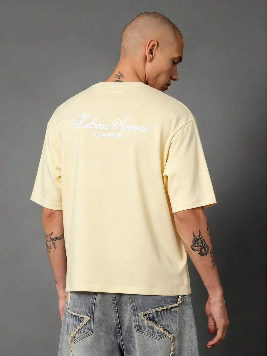 Melrose Avenue Los Angeles Crop T-Shirt Urban Streetwear Script Logo Back Print Casual Summer Lightweight Top Boxy Style Hip Hop Fashion-Unisex-L91 - 杏色 - 查看 1