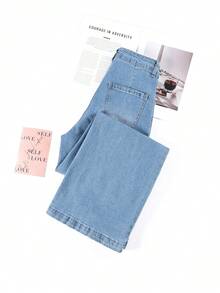 HIMARRI Lindos jeans largos de mezclilla de cintura alta y pierna ancha para mujer, estilo casual con bolsillos funcionales y alta elasticidad cómoda. - Azul - Ver 5