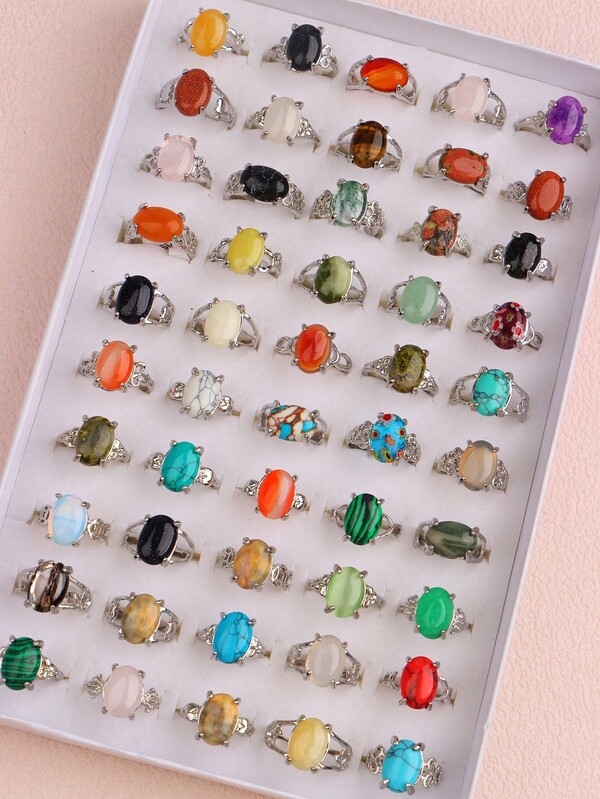 10/20 Stücke exquisiter Naturstein-Legierungs-Ring für Mädchen, modisch und schlicht, mit einer Vielzahl frischer und natürlicher Farben, geeignet für täglichen Gebrauch, Reisen, Urlaub, als Geschenk, Accessoire