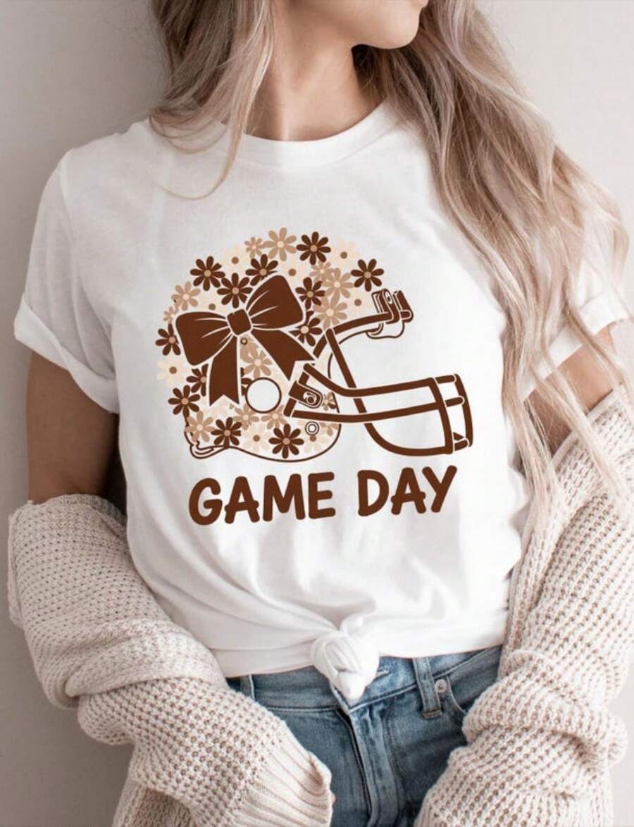 Floral Football Helmet Shirt, Coquette Game Day Shirt, Fall Football Season Shirt, Football Lover Gift, Coquette Fall Football Shirt.JPG220g Heavy-Duty Pure Cotton T-Shirt, Fashionable And Comfortable Wo's Cotton T-Shirt, Suitable For Weekends, Travel, Shopping, Outdoor Activities Or Leisure, High-Quality Durable Fabric Suitable For All Seasons, Fashionable Top, - Trắng 3 - Xem 1