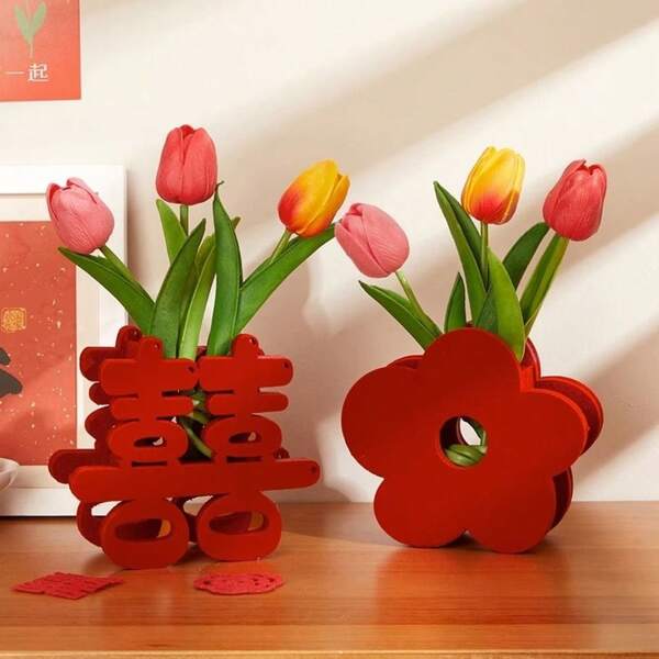 Wedding Red Flower Vase Flower Pot Basket Home Living Room Decoration Ornament Flower Arrangement