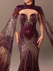 女士奢华高领两件套晚礼服，饰有串珠亮片，披肩袖，修身鱼尾廓形 - 非常适合婚礼、红毯活动、晚宴和晚会 - 中紫紅色 - 查看 5