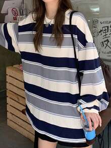 Camiseta informal de poliéster acanalado con cuello redondo, hombros caídos y manga larga a rayas para mujer, con elasticidad media, para uso diario. - Azul - Ver 2