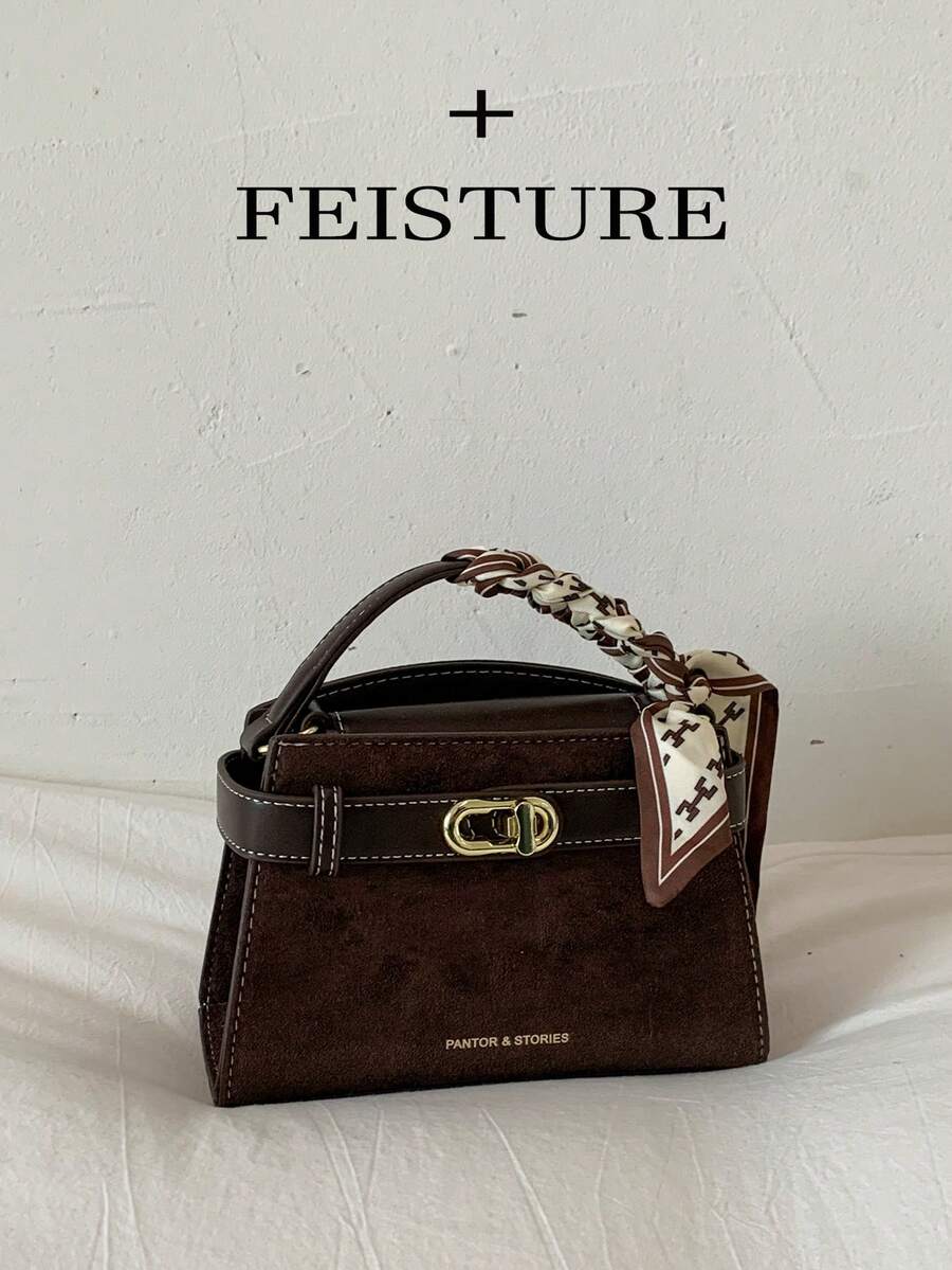 1 件 Feisture 仿麂皮围巾带手提包，金属扣时尚小方形单肩斜挎包，适合日常外出、约会、通勤