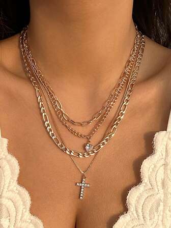 1 件个性化欧美十字架吊坠多层可调节女士项链礼物派对
