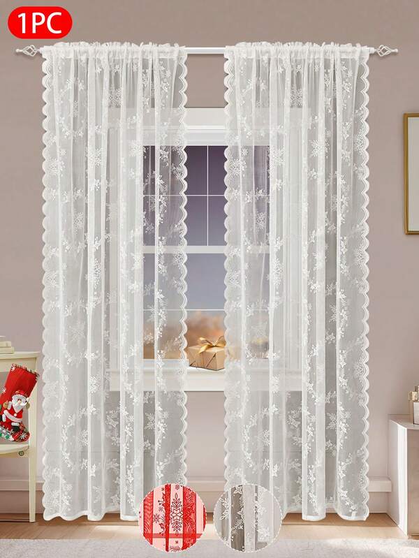 1pc Christmas Lace Trim Sheer Curtain, Rod Pocket Design, Privacy Filtering, Elegant For Living Room, Study, Dining Room, Etc. | Christmas Decor