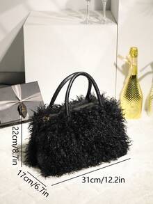 2025新款仿羊羔绒手提包，Y2K毛绒单肩包，复古时尚腋下包，秋冬季百搭女包 - 黑色 - 查看 4