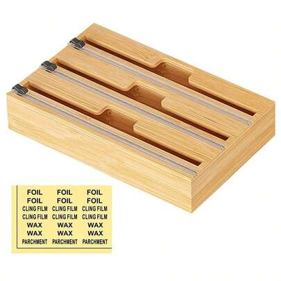 Foil Dispenser With Cutter, Bamboo Wooden Cling Film Dispenser With Slide Cutter, 3 In 1 Foil Plastic Wrap Dispenser, Bamboo Roll Organizer Holder, Smooth Separation