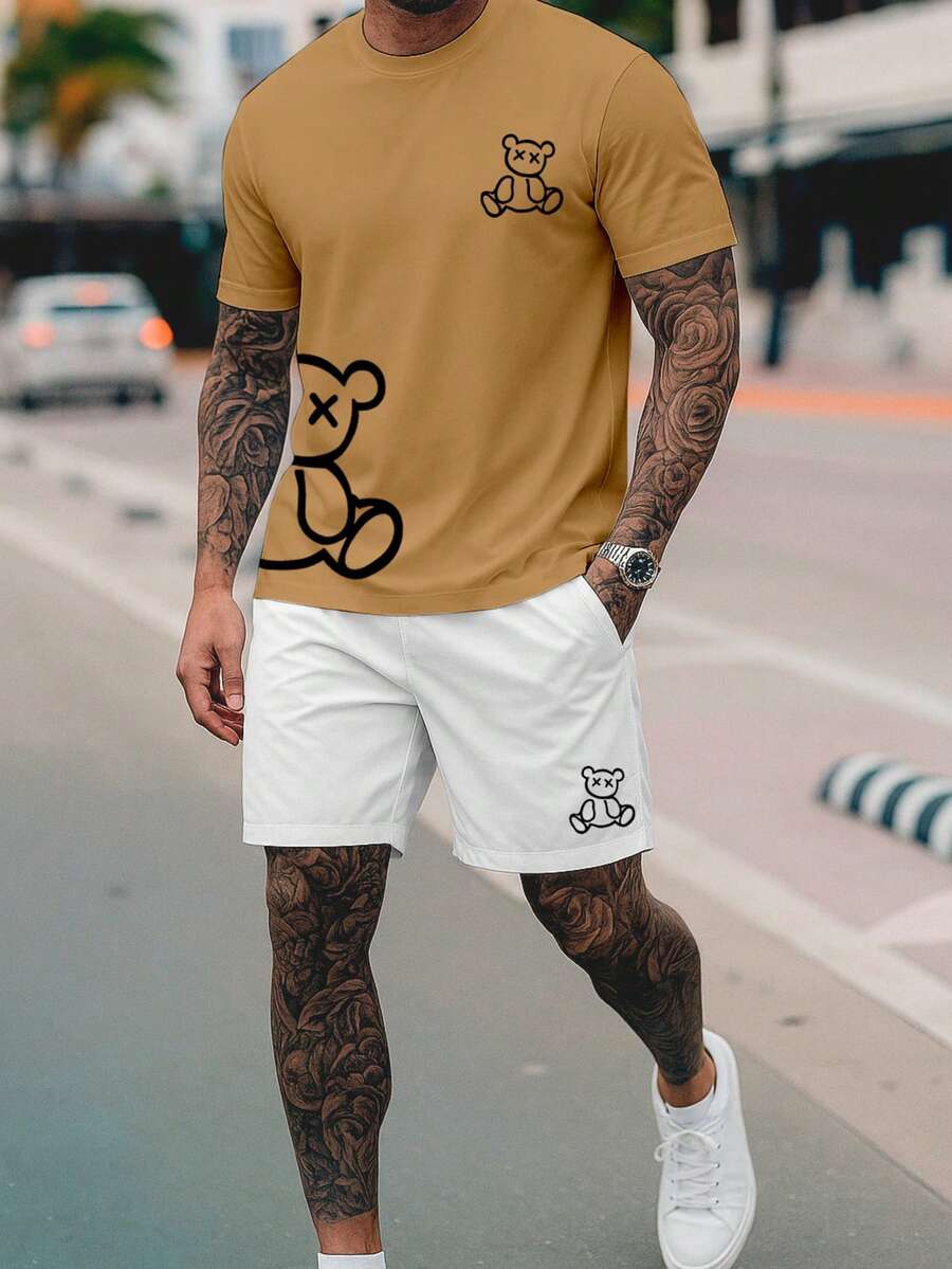 Kit Camiseta e Short Streetwear Urso Contorno Conjunto Camisa de Algodão 26.1 Premium - Caqui/ShortBranco - Visão 1