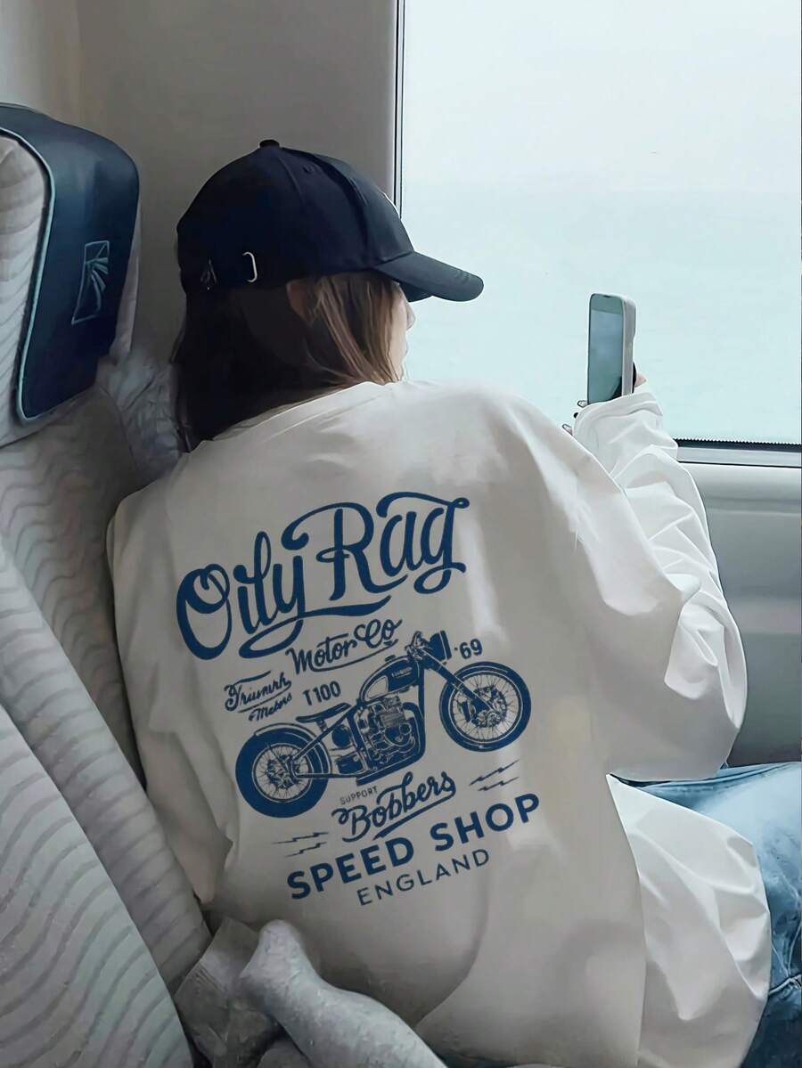 女款休閒寬鬆版型機車字母印花圓領長袖T恤,時尚百搭,春/秋季 - 白色 - 查看 1