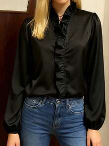 Womens Fall Shirts Lantern Long Sleeve Ruffle V Neck Solid Color Casual Office Blouses - Black - View 3