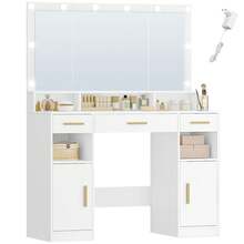 HEXCELEN Dressing Table With Large Mirror, Large Dressing Table With Drawers, Dressing Table, 3 Drawers, 2 Storage Cabinets, 5 Open Compartments, 40 * 108 * 140 Cm, White - trắng - Xem 7
