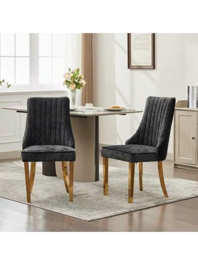 Rayon Cloth Flocking Chenille Dining Chairs Channel Kitchen Dinner Stoel Comfy Fabric Upholstered Accent Room Golden Stainless Steel Plating Legs,Set Of (Black), DE1647BK