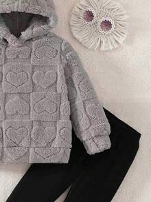 Young Girl Plush Hooded Sweatshirt And Casual Solid Color Leggings Set, Daily Wear For Winter - Light Grey - View 4