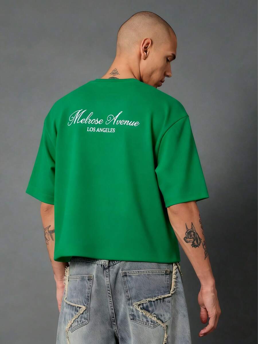 Melrose Avenue Los Angeles Crop T-Shirt Urban Streetwear Script Logo Back Print Casual Summer Lightweight Top Boxy Style Hip Hop Fashion-Unisex-L91 - 綠色 - 查看 1