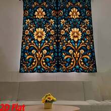 Blue Yellow Floral Pattern Curtain 2 Pc Sheet Rod Bag Flower Set Kitchen Cafe Bedroom Curtain Bathroom Home Decoration - Multicolor - View 11