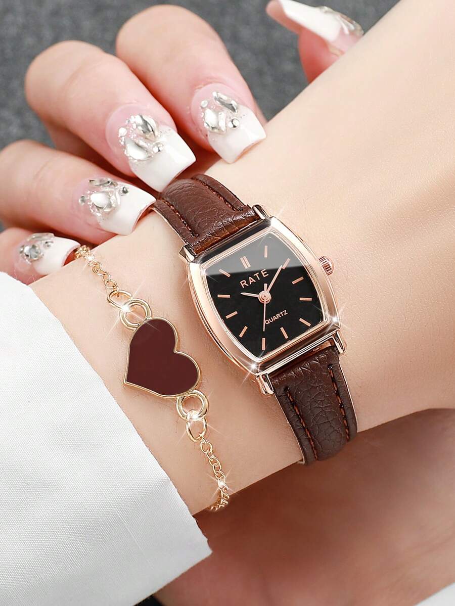 2 件套女士时尚皮革表带桶形简约表盘石英手表和心形手链，经典优雅 - 棕色 - 查看 1