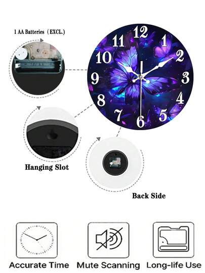 1pc Silent Non Ticking Wand Clock, Retro Butterfly Pattern, Round Wooden ative, Easy To Read, Living Room Kitchen Bedroom, Battery Powered (AA Not Included) 10/12 Inch view 5