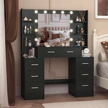 NEW Large Makeup Vanity Desk Mirror & 3 Color Modes Adjustable Brightness Table- Perfect For Organizing Makeup, Skincare, Elegant Vanity|Decorative Vanity, Vanity Furniture, Compact For Small Space, Bedroom Decor Gift, Suitable For Christmas And Halloween Decorations - Black - View 2