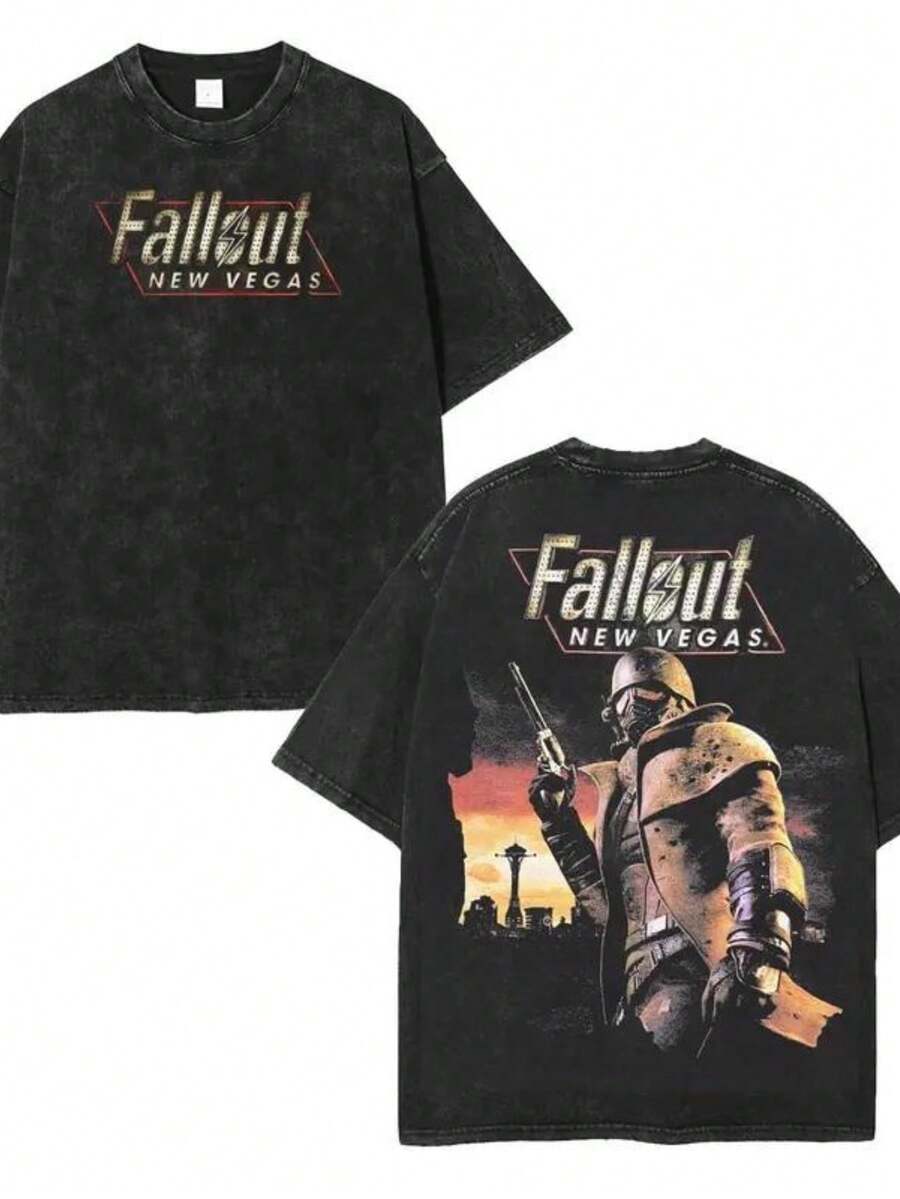Men Clothes Men's & Women's Acid-Washed Cotton T-Shirt - Double-Sided Retro Fallout New Vegas Graphic Print, Lightweight Vintage Gaming Tee With Geometric Patterns, Regular Fit Casual Streetwear For Summer Men Shirts - màu đen - Xem 1