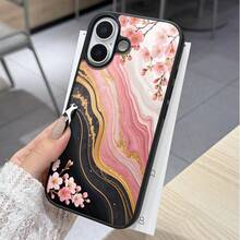 أنيق وأنيق! غطاء هاتف بنقوش زهور رخامية متوافق مع أبل وآخرين، إطار أسود، يتميز بزهور الكرز الوردية والملمس الرخامي الأسود والوردي والذهبي، فتحات دقيقة للاستخدام السلس، يشع جواً راقياً وكلاسيكياً لمستخدمي أبل أو غيرهم