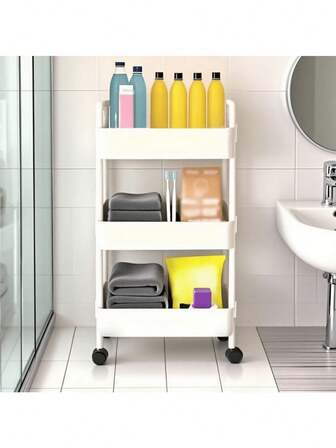 Estantería rodante de 3 niveles con ruedas, ahorra espacio para cocina, baño, dormitorio, oficina - Ruedas giratorias suaves, construcción de plástico resistente - Unidad de estantería multiusos moderna blanca de alta calidad, esencial para espacios pequeños Artículos de cocina Accesorios de cocina Utensilios de cocina
