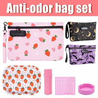 3-Digit Combination Lock Odor-Proof Bag Set - Includes Tin Tray, Ashtray, Storage Tube, Small Pouch, 12.2" X 7.7", Activated Carbon Lining, Waterproof Zipper Storage Bag, Suitable For Travel Handbag, Birthday Gift For Friends, Halloween, Christmas