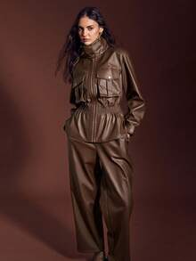 Sollinarry 女士春季新款仿皮夹克套装（含口袋和高领）及裤子两件套，时尚通勤冬季穿搭 - 咖色 - 查看 6