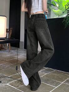 女式口袋宽松阔腿休闲牛仔裤 - 黑色 - 查看 5