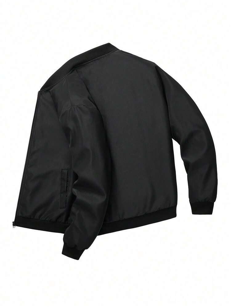 Chaqueta de béisbol casual de manga larga con cremallera y unicolor para hombres - Negro - Añade 3