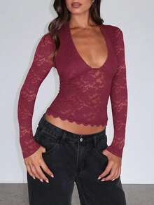 Women's Lace Floral Tops Fashionable Solid Color Slim Fit Scoop Neck Long Sleeve Crop Blouse - 紅色 - 查看 1