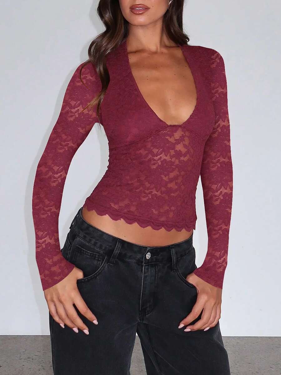 Women's Lace Floral Tops Fashionable Solid Color Slim Fit Scoop Neck Long Sleeve Crop Blouse - 紅色 - 查看 1