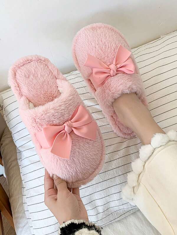 A Pair Of Simple Slippers For Teenagers, Girls, Winter Christmas Home, Bowknot Woven Belt Decoration Suitable For Daily Wear And Party